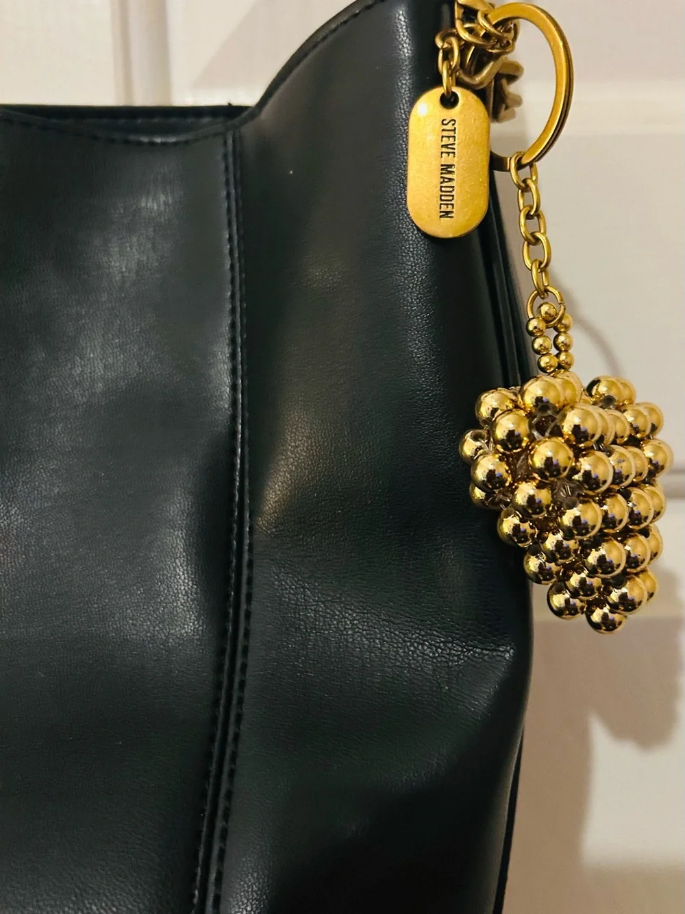 Steve Madden Black Leather Bucket Shoulder Bag with Gold Heart Charm